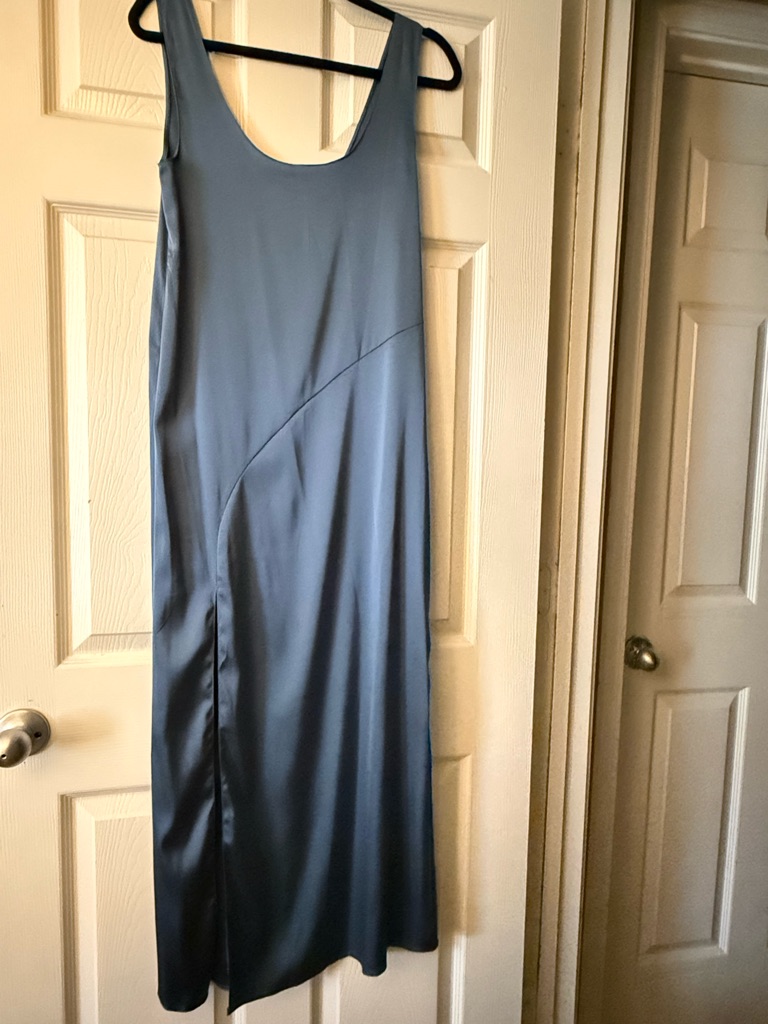 Zara Satin Scoop Neck Dress In Slate Blue